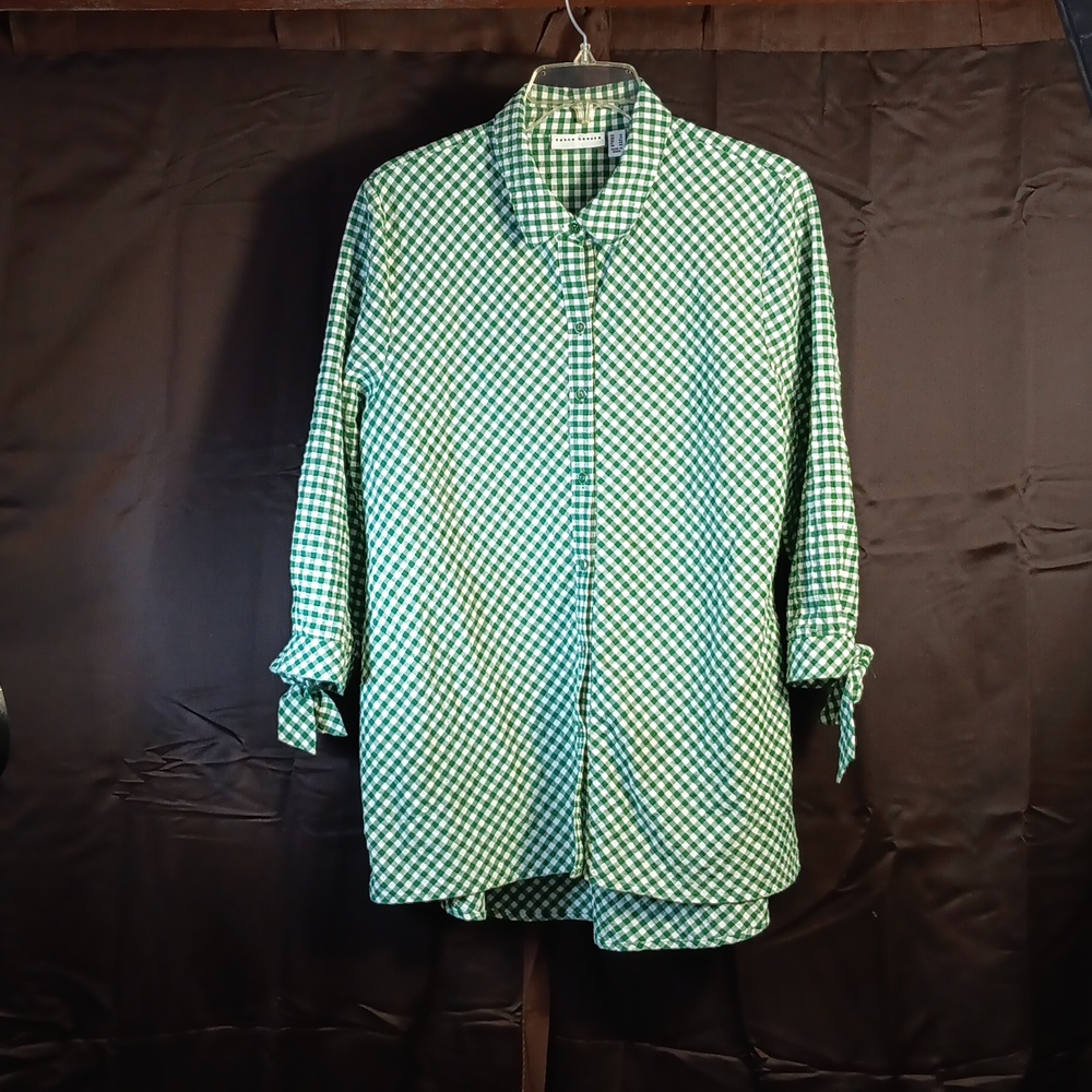 Susan Graver Top Womens 12 Green Gingham‎ Plaid 3/4 Sleeve Tunic Style Pockets